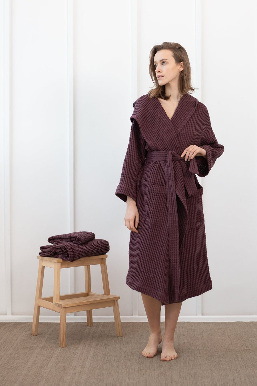 Plum linen waffle robe with hoodie - Linen Couture