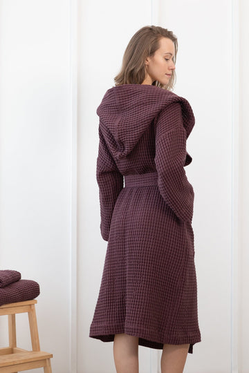 Plum linen waffle robe with hoodie - Linen Couture