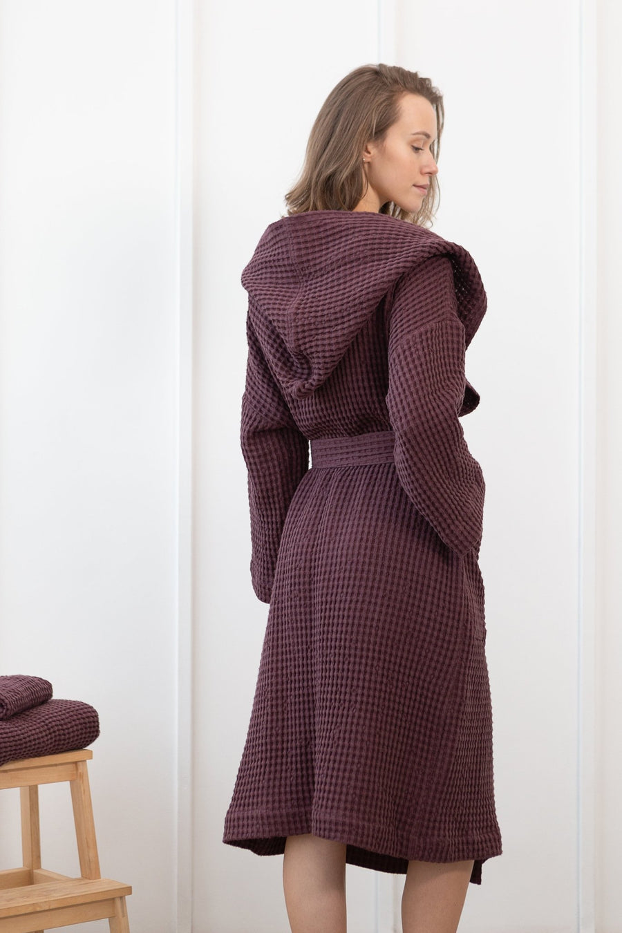 Plum linen waffle robe with hoodie - Linen Couture