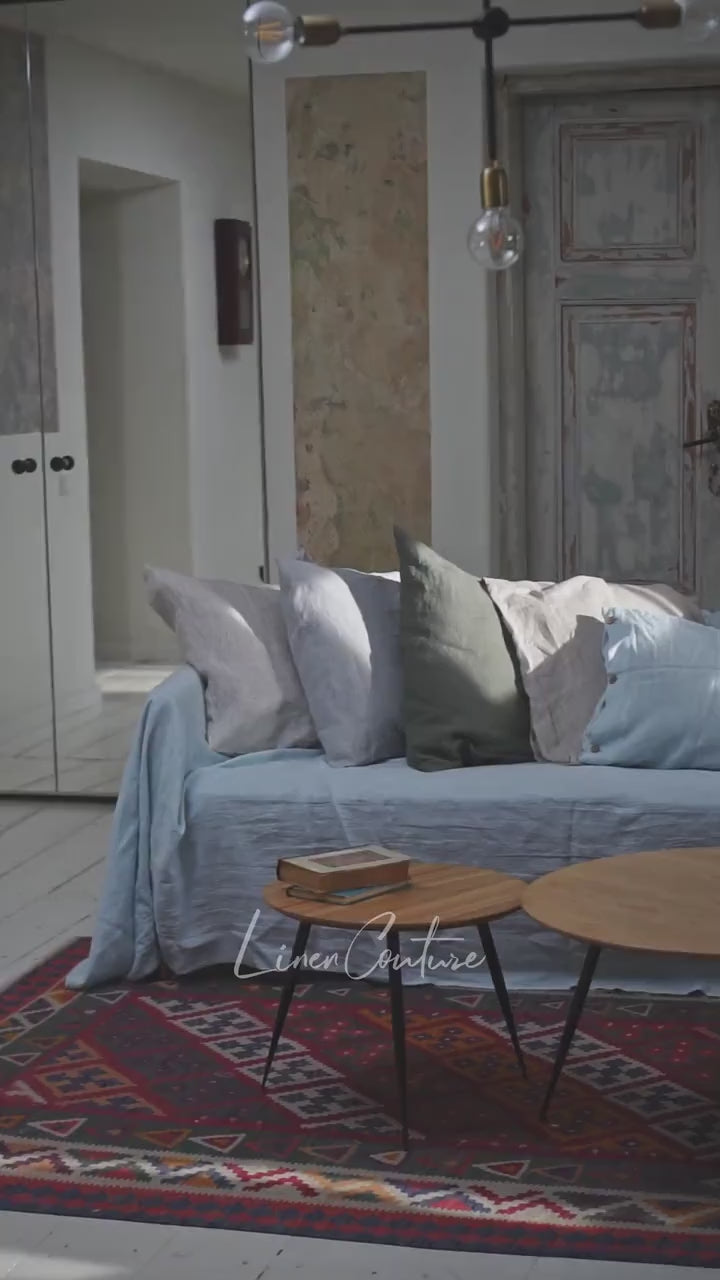 White Linen Sofa Slipcover – Handmade Custom Couch Cover, Washable Linen L-Shape Furniture Protector