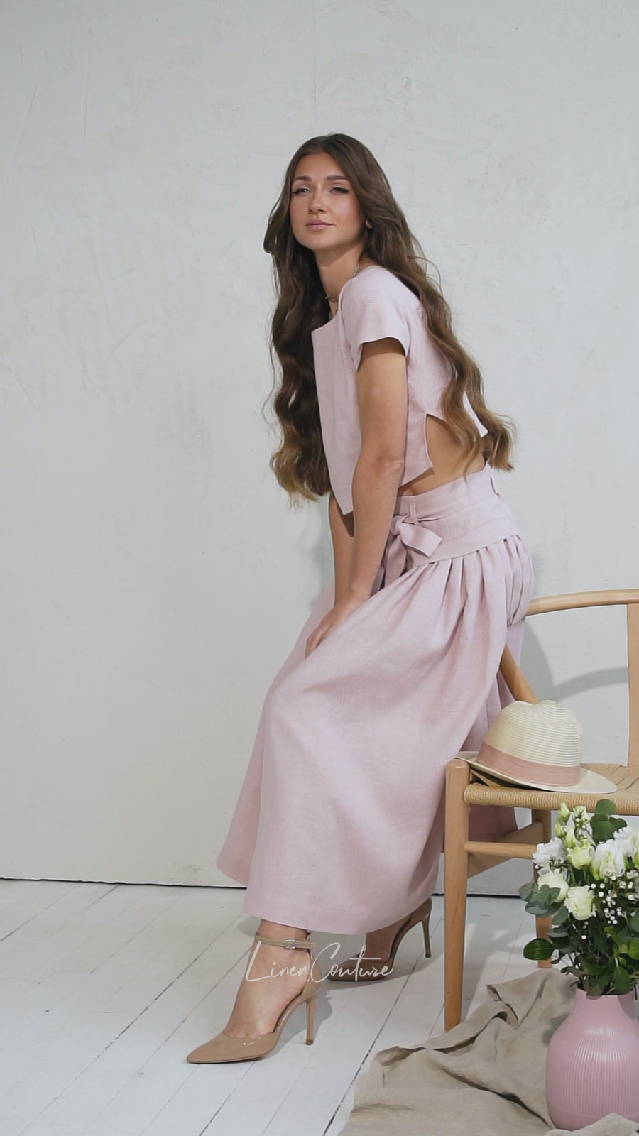 Taormina Pale Pink Linen Crop Top and Midi Skirt Co Ord Set