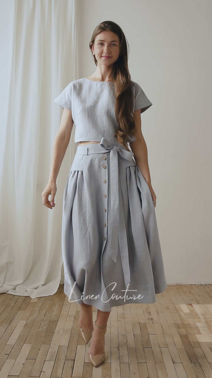 Taormina Ice Blue Linen Crop Top and Midi Skirt Set