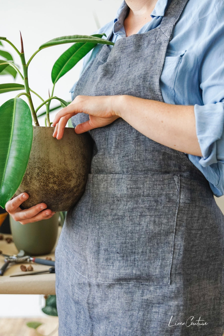 Reversible double cloth Linen Apron with Pockets - Linen Couture