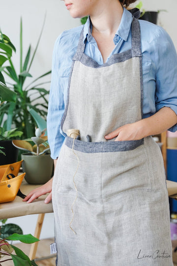 Reversible double cloth Linen Apron with Pockets - Linen Couture