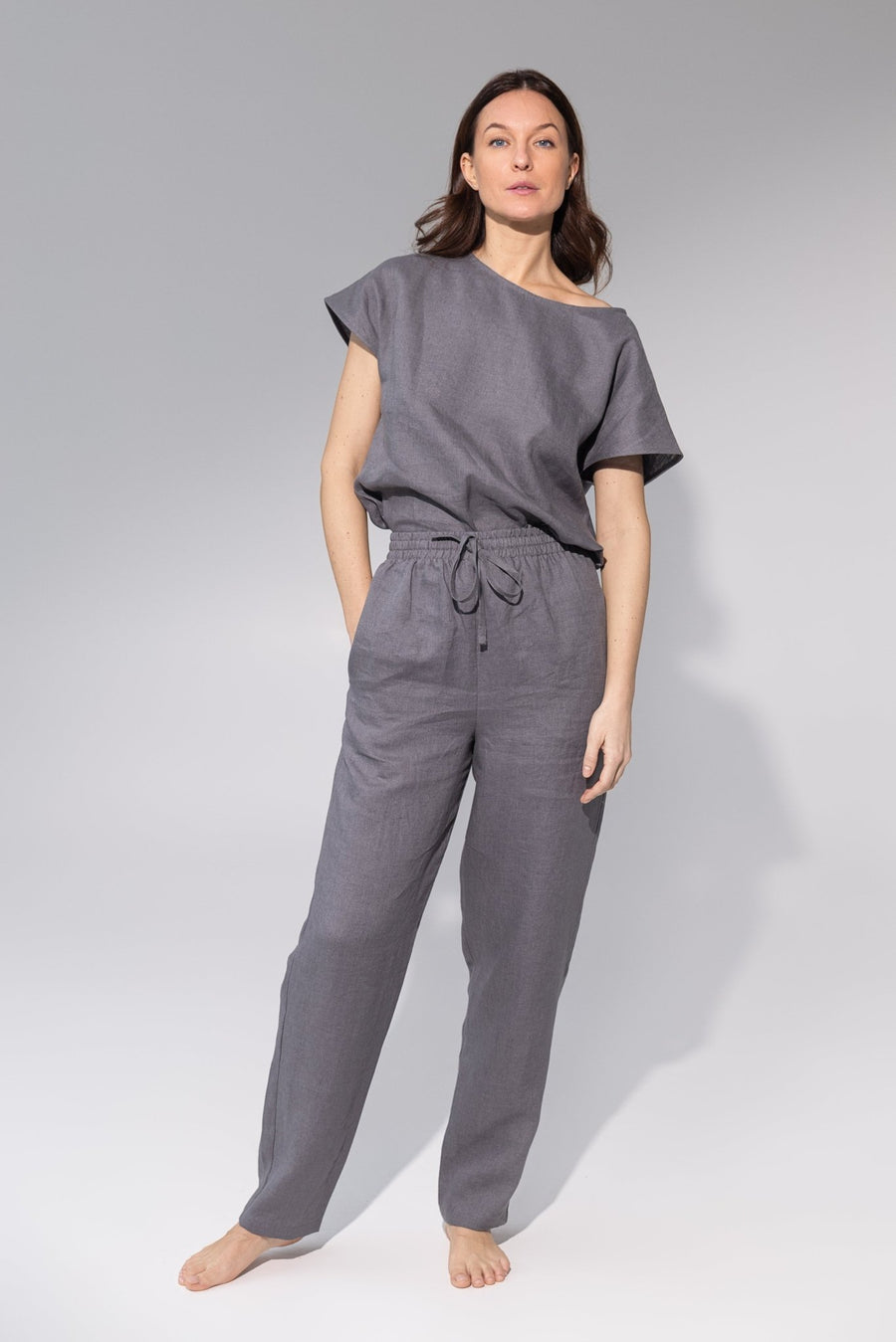 Striped Dark Grey linen / Natural Linen Pajama set / Linen loungewear / Linen sleepwear - Linen Couture