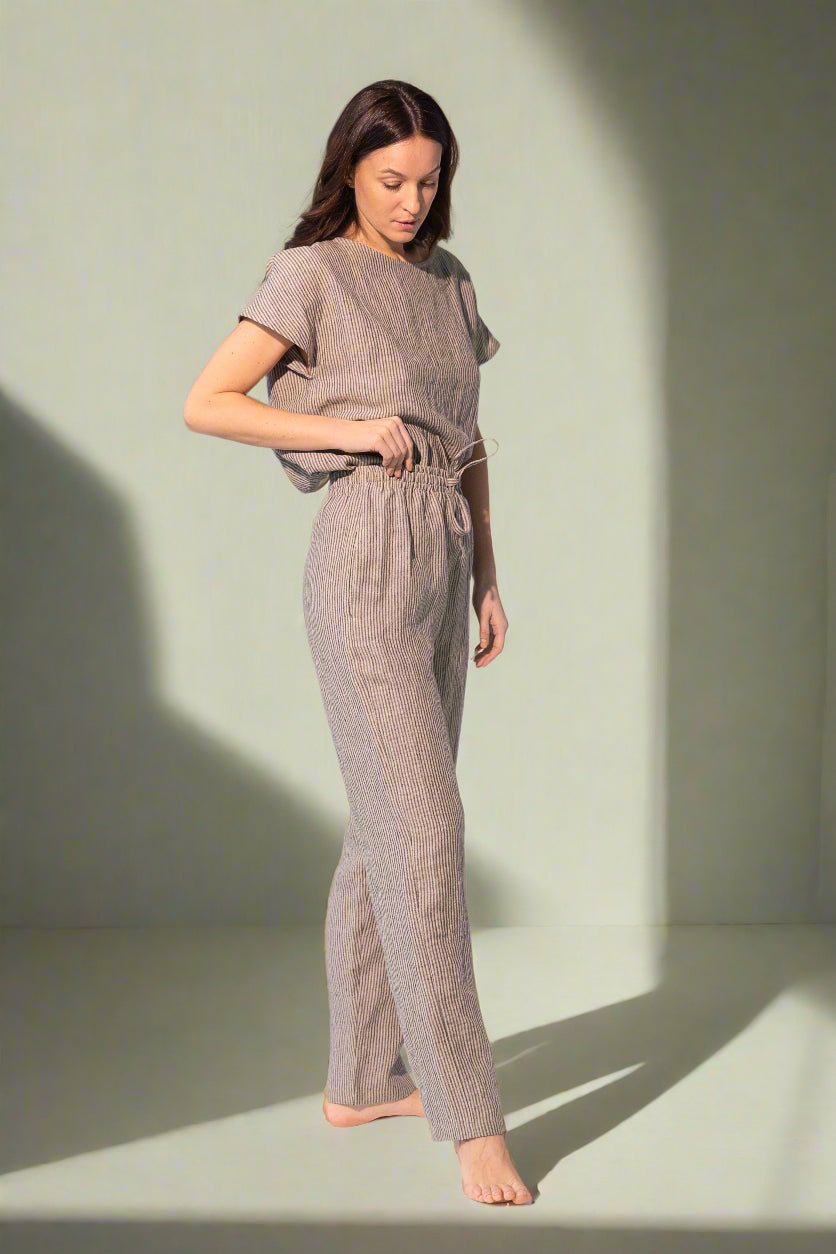 Striped Dark Grey linen / Natural Linen Pajama set / Linen loungewear / Linen sleepwear - Linen Couture