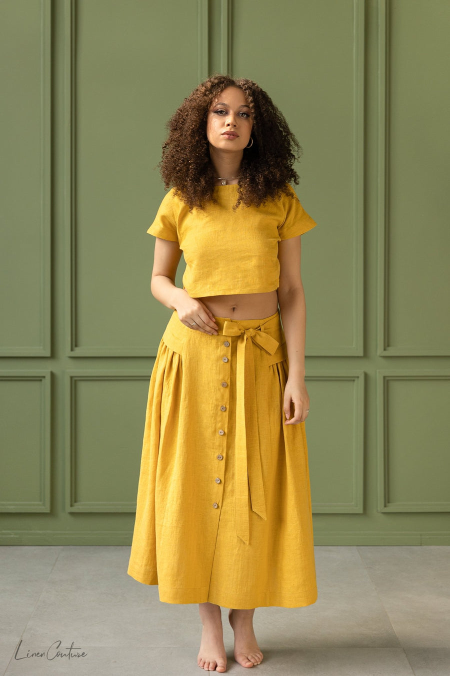 Taormina Honey Linen Crop Top and Midi Skirt Set - Linen Couture