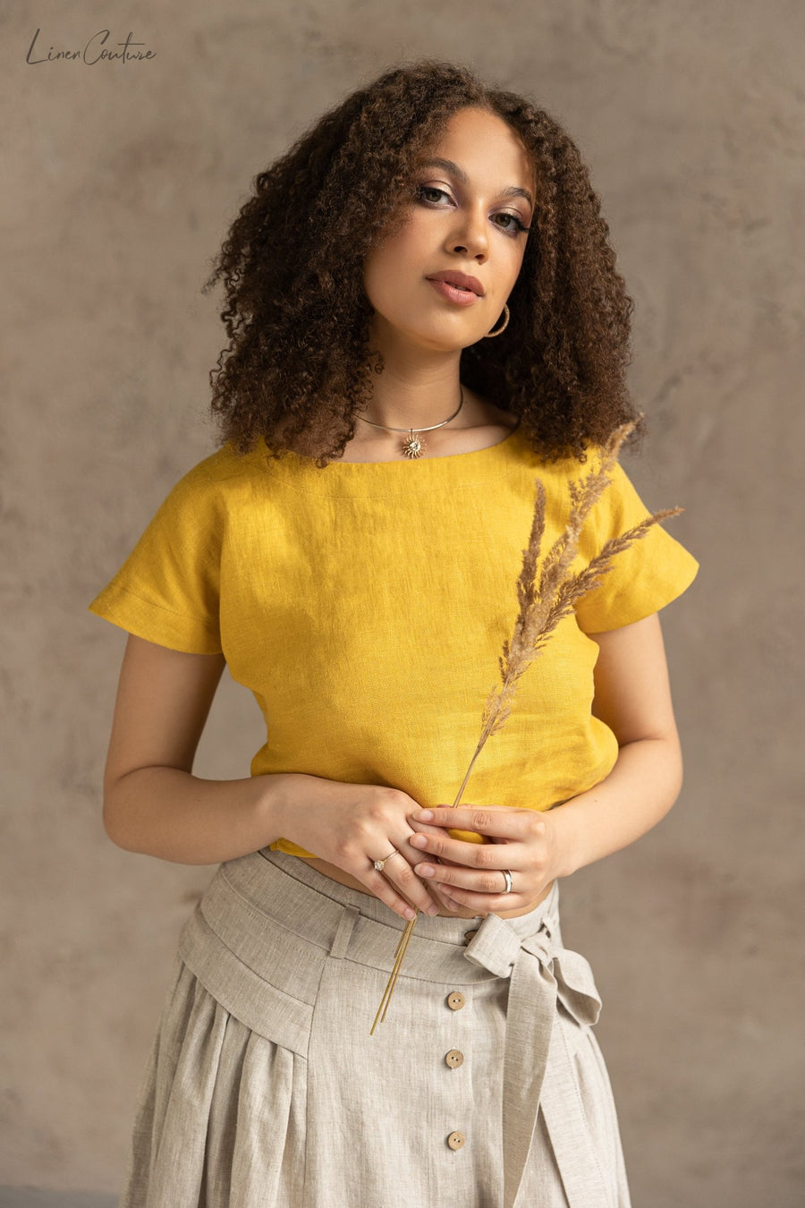 Taormina Honey Linen Crop Top and Midi Skirt Set - Linen Couture