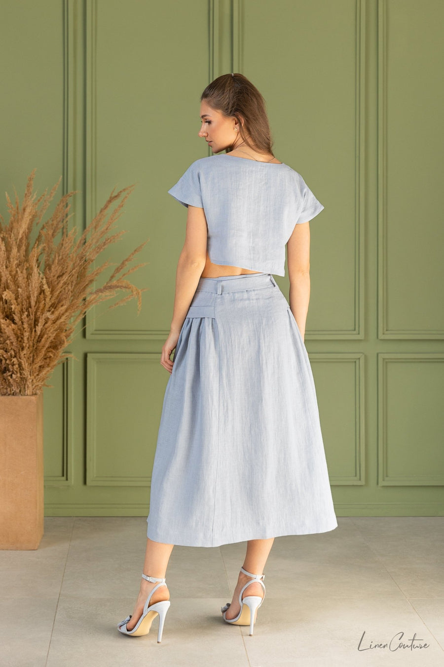 Taormina Ice Blue Linen Crop Top and Midi Skirt Set - Linen Couture