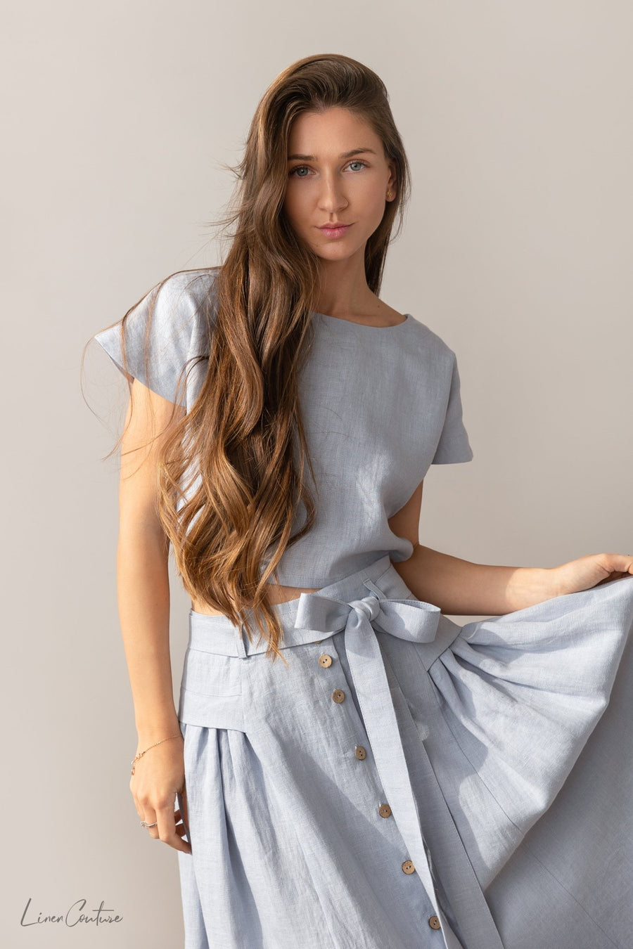 Taormina Ice Blue Linen Crop Top and Midi Skirt Set - Linen Couture