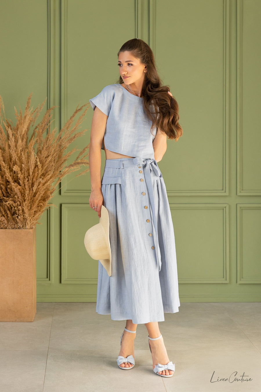 Taormina Ice Blue Linen Crop Top and Midi Skirt Set - Linen Couture