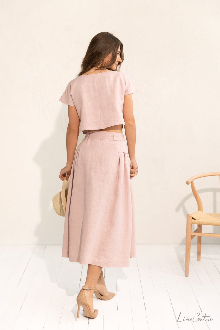 Taormina Pale Pink Linen Crop Top and Midi Skirt Co Ord Set - Linen Couture