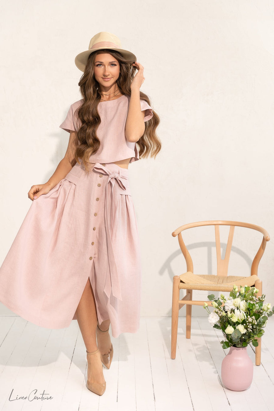 Taormina Pale Pink Linen Crop Top and Midi Skirt Co Ord Set - Linen Couture