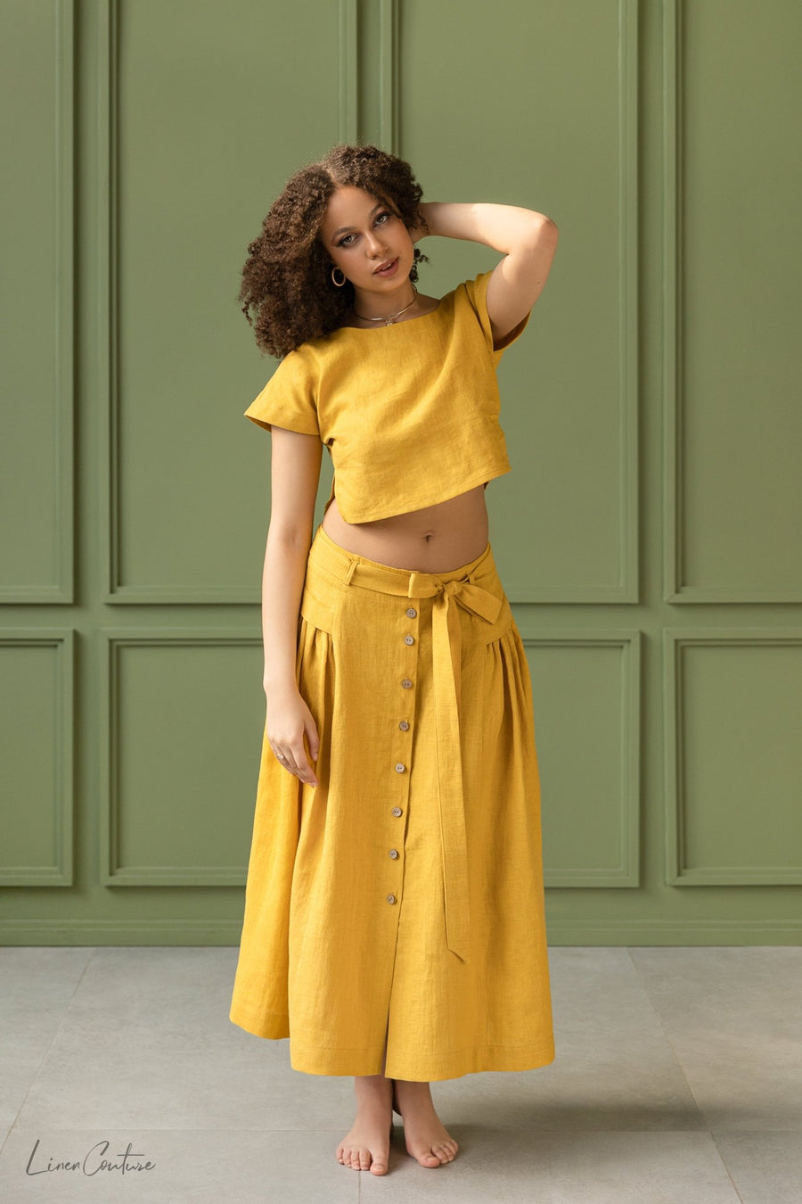 Taormina Set | Linen Crop Top and Flared Midi Skirt - Linen Couture