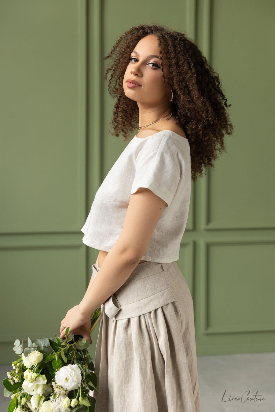 Taormina Set | Linen Crop Top and Flared Midi Skirt - Linen Couture
