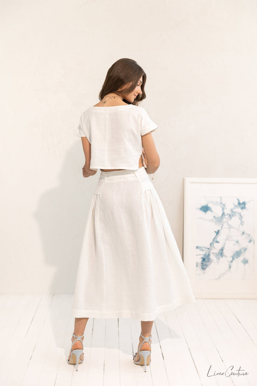 Taormina Set | Linen Crop Top and Flared Midi Skirt - Linen Couture