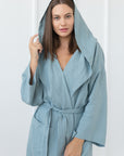 Greyish Mint linen robe with hoodie - Linen Couture Boutique