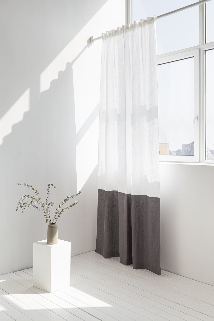 Snow White and Grey linen curtains with tape, two tones - Linen Couture Boutique