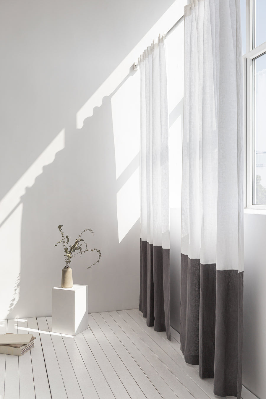 Snow White and Grey linen curtains with tape, two tones - Linen Couture Boutique