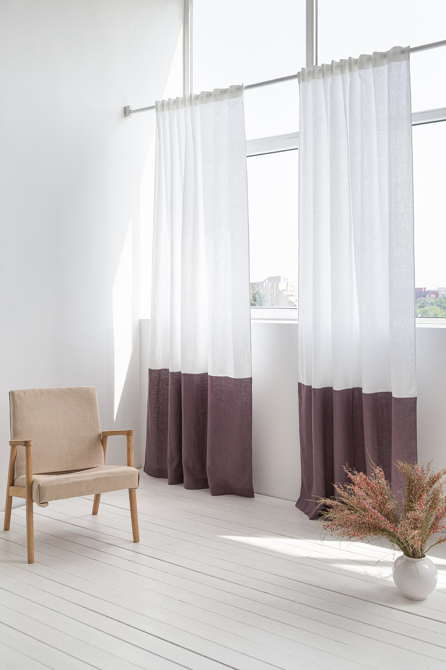 Snow White and Natural Light linen curtains with tape, two tones - Linen Couture Boutique