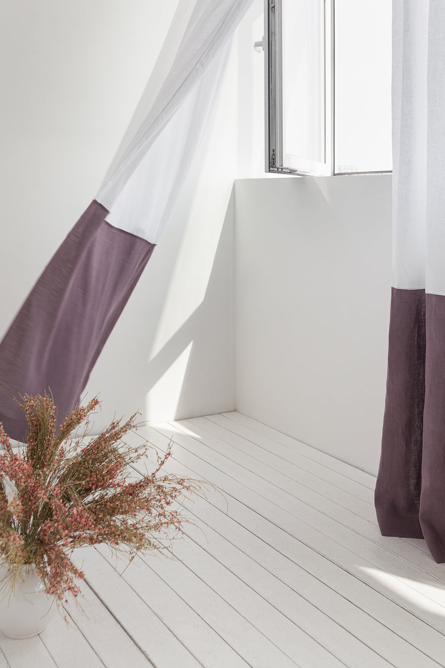 White and Pastel Plum linen curtains with tape, two tones - Linen Couture Boutique