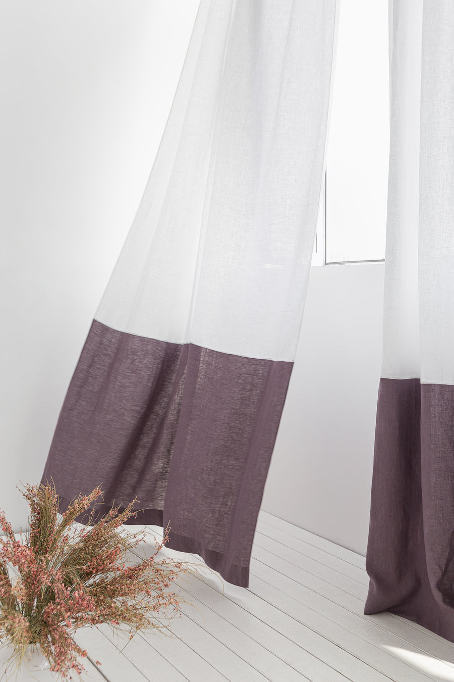 White and Pastel Plum linen curtains with tape, two tones - Linen Couture Boutique