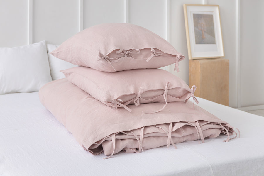 Linen Bedding Set with ties in Pale Pink - Linen Couture Boutique