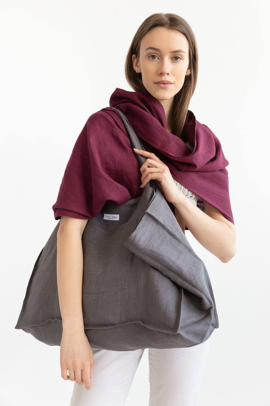 Double Cloth linen beach bag with pocket - Linen Couture Boutique