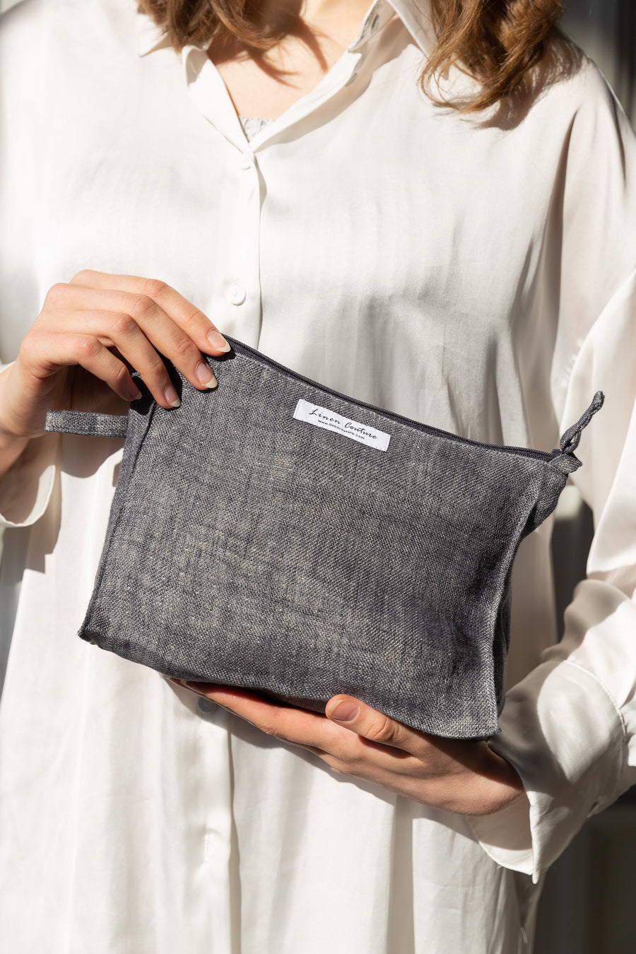 Asphalt grey linen large makeup bag with zipper - Linen Couture Boutique