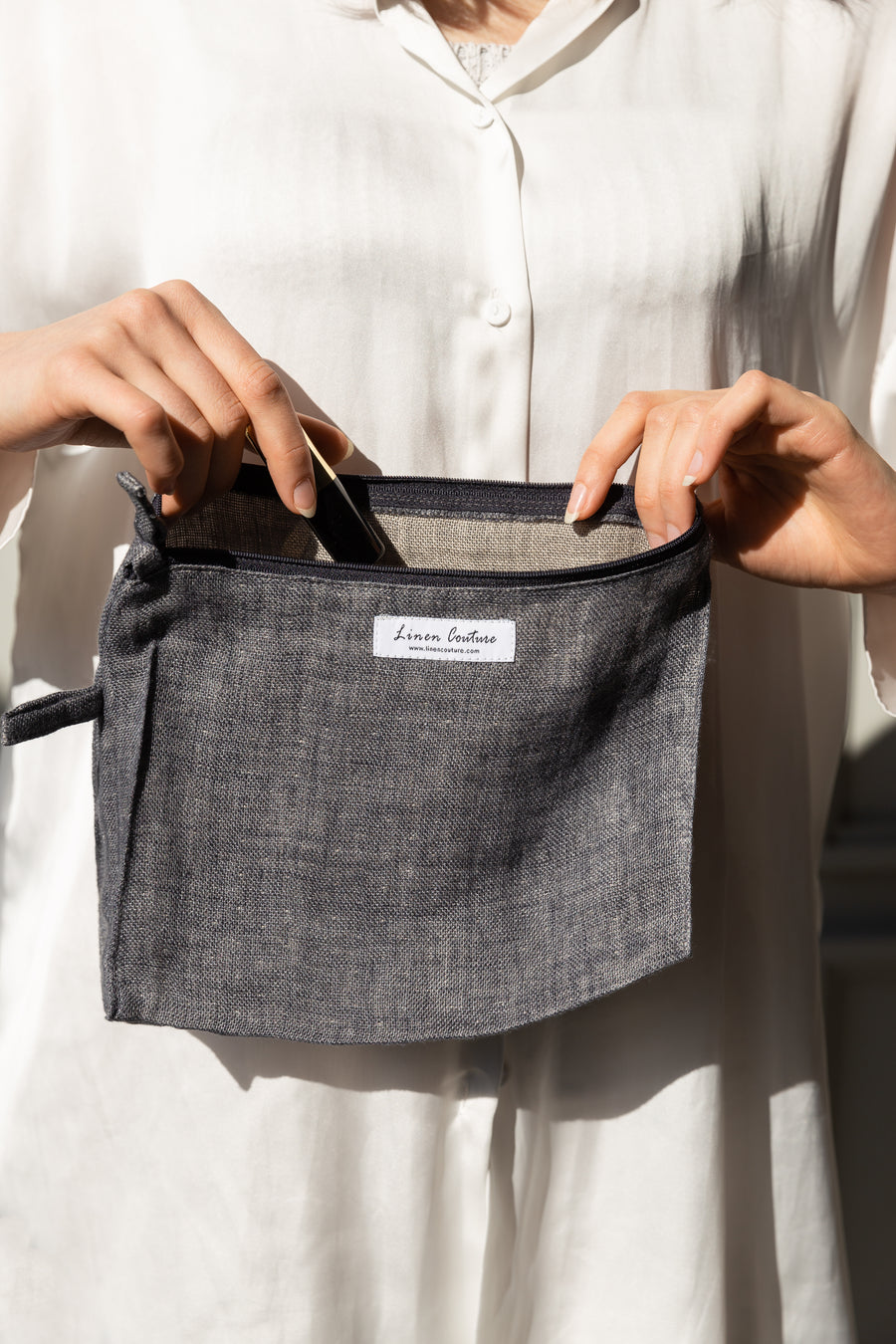 Double cloth linen large makeup bag with zipper - Linen Couture Boutique