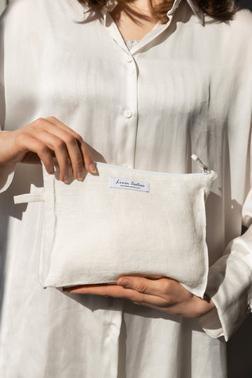 White linen large makeup bag with zipper - Linen Couture Boutique