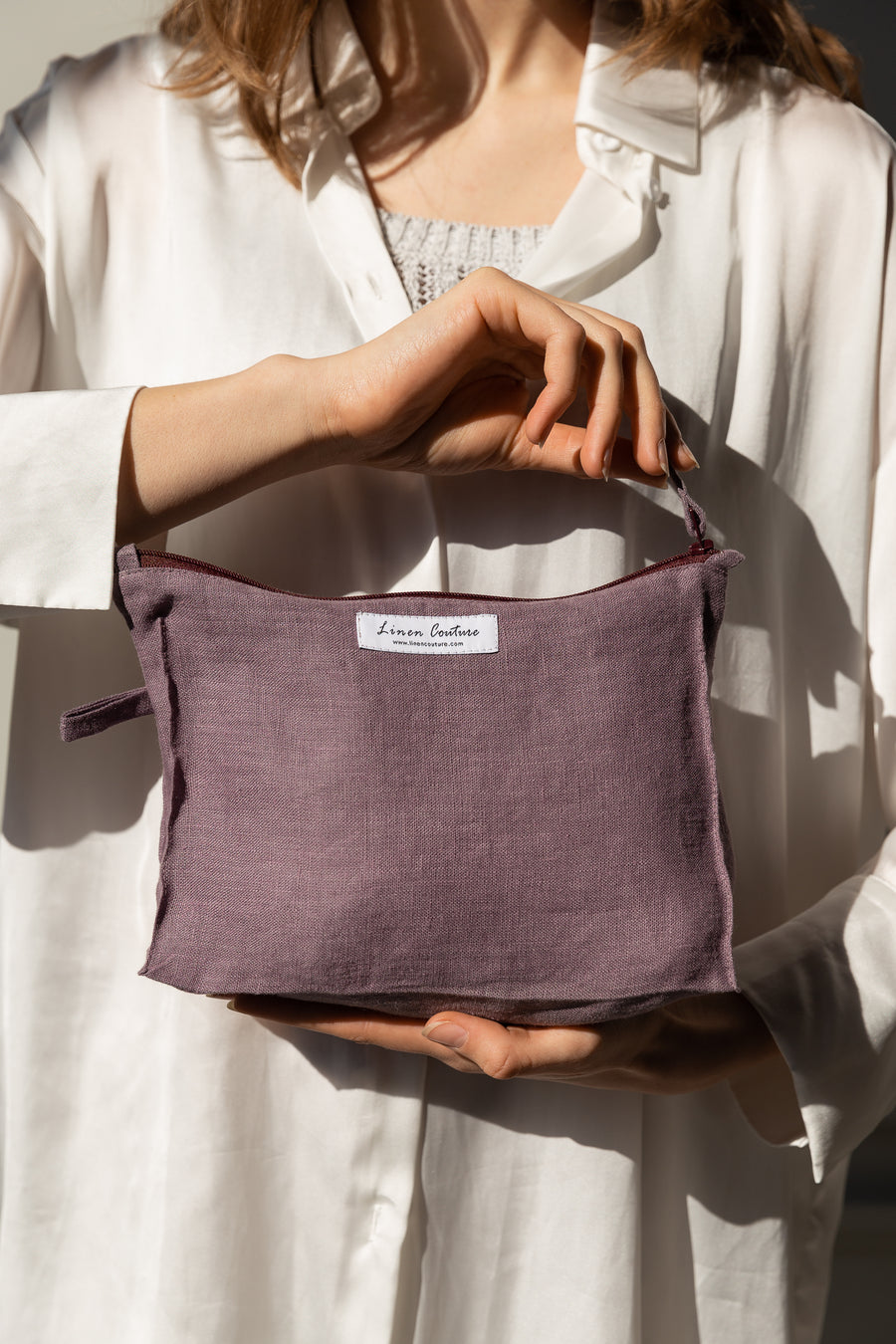 Pastel Plum linen large makeup bag with zipper - Linen Couture Boutique