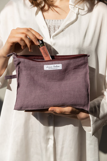 Pastel Plum linen large makeup bag with zipper - Linen Couture Boutique