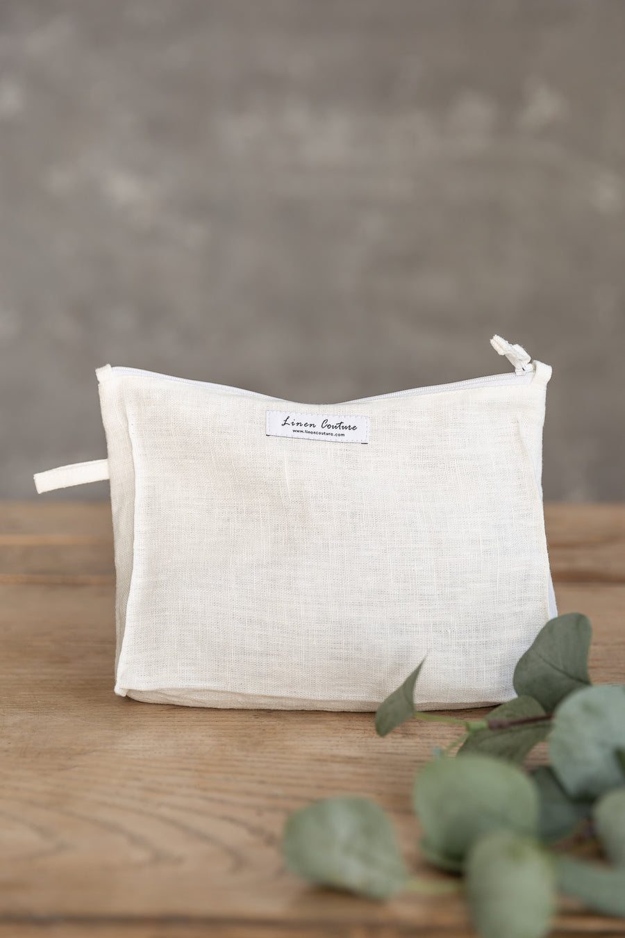 White linen large makeup bag with zipper - Linen Couture Boutique