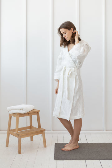 Waffle Linen Bathrobe with Hoodie in White - Linen Couture Boutique