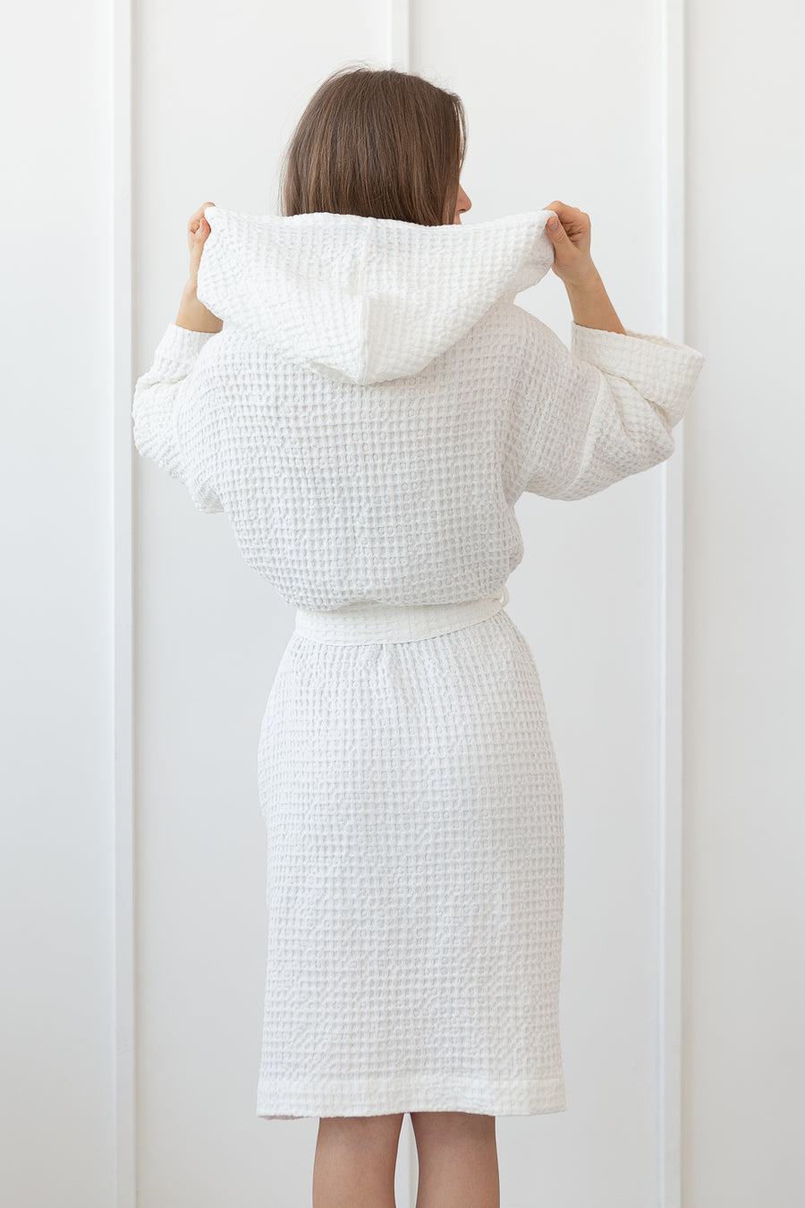 Waffle Linen Bathrobe with Hoodie in White - Linen Couture Boutique