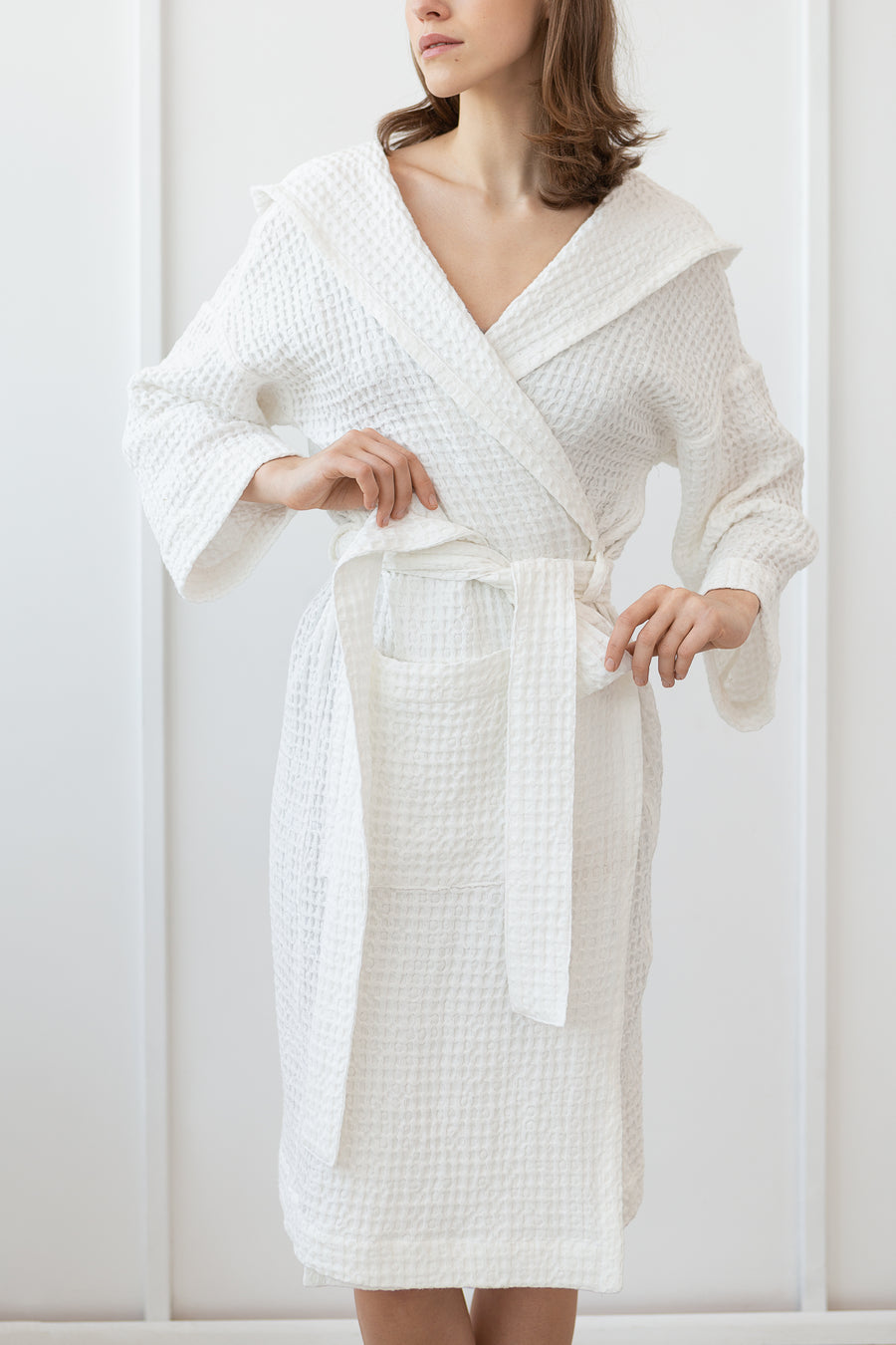 Waffle Linen Bathrobe with Hoodie in White - Linen Couture Boutique