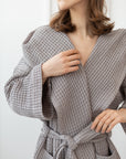 Waffle Linen Bathrobe with Hoodie in Light grey - Linen Couture Boutique