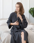 Waffle Linen Robe in Grey - Linen Couture Boutique