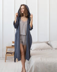 Waffle Linen Bathrobe with Hoodie for Men in Asphalt Grey - Linen Couture Boutique