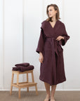 Waffle Linen Bathrobe with Hoodie in Plum - Linen Couture Boutique