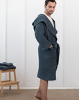 Navy Blue linen waffle robe with hoodie - Linen Couture Boutique