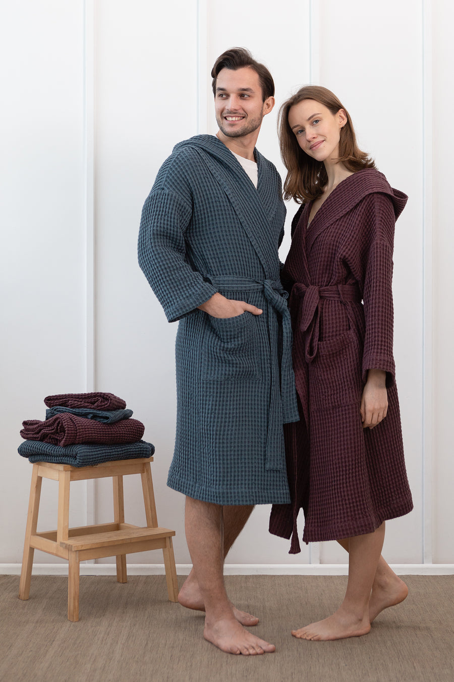 Set of Waffle Linen Towels and Robes with Hoodies for Two - Linen Couture Boutique