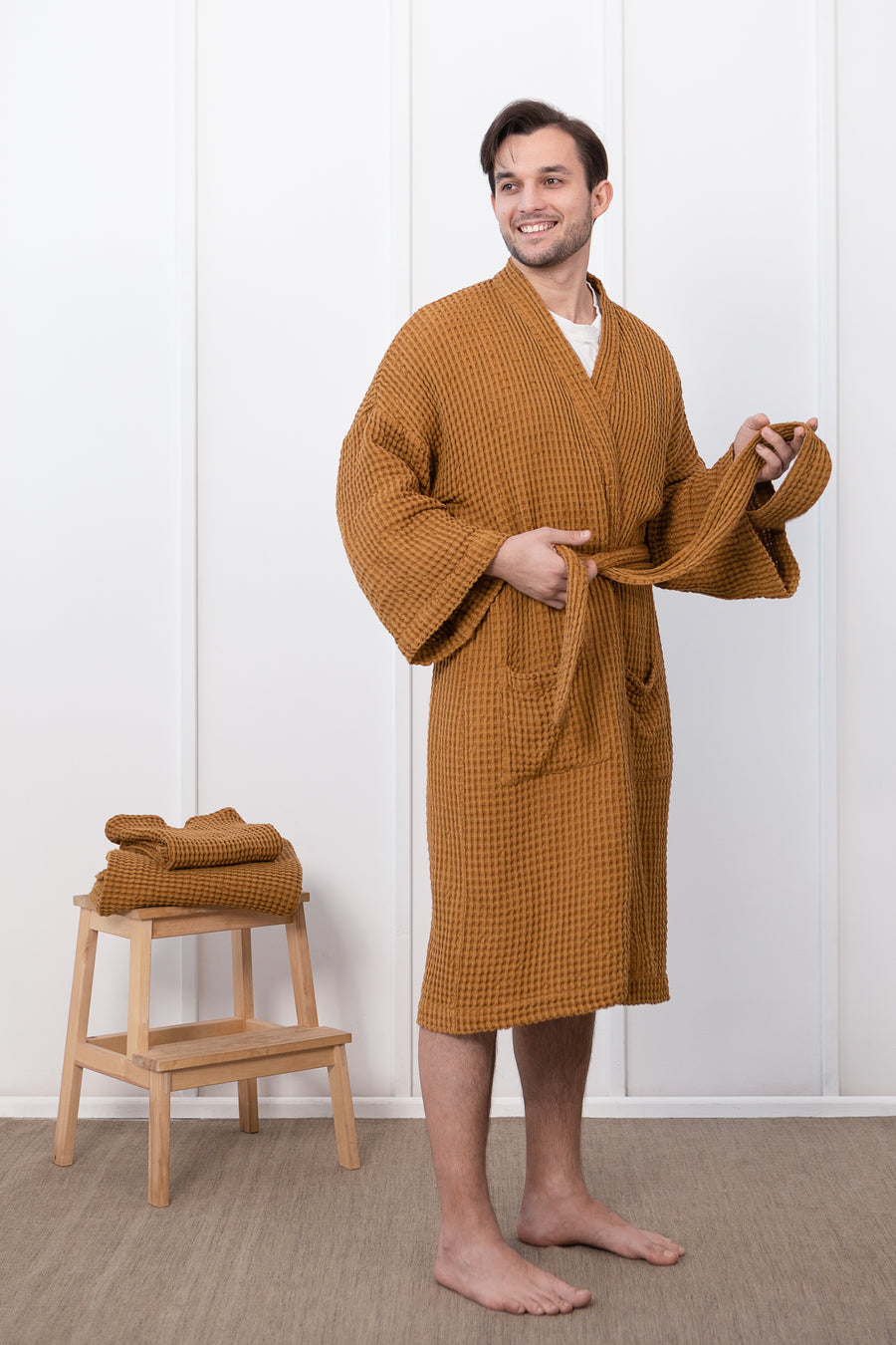Waffle Linen Robe in Grey - Linen Couture Boutique