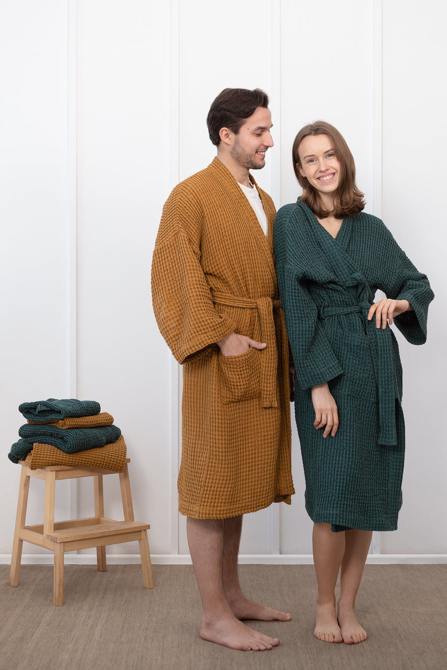 Set of Waffle Linen Robes with Towels for Two - Linen Couture Boutique