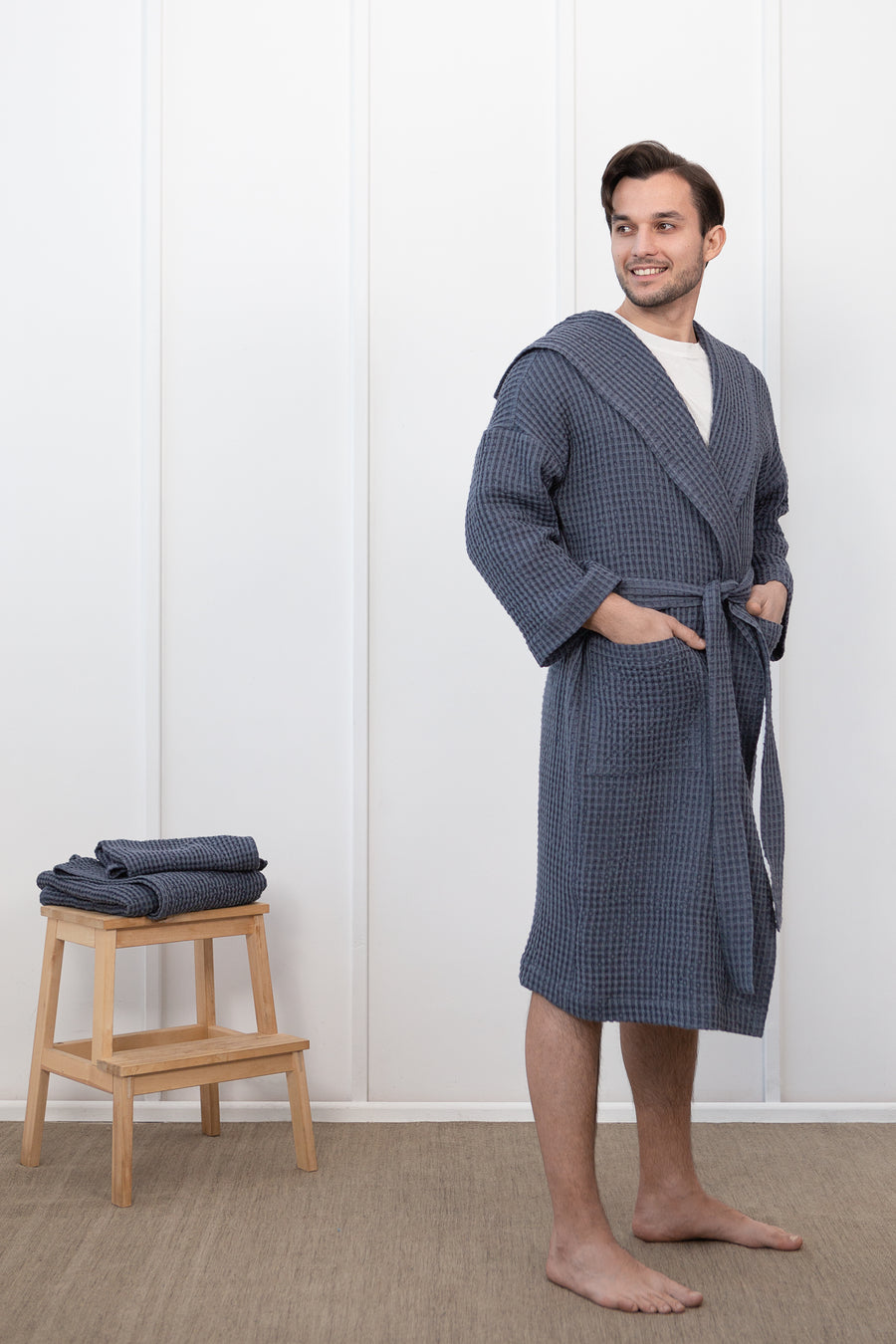 Waffle Linen Bathrobe with Hoodie in Asphalt Grey - Linen Couture Boutique
