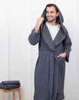 Waffle Linen Bathrobe with Hoodie in Asphalt Grey - Linen Couture Boutique