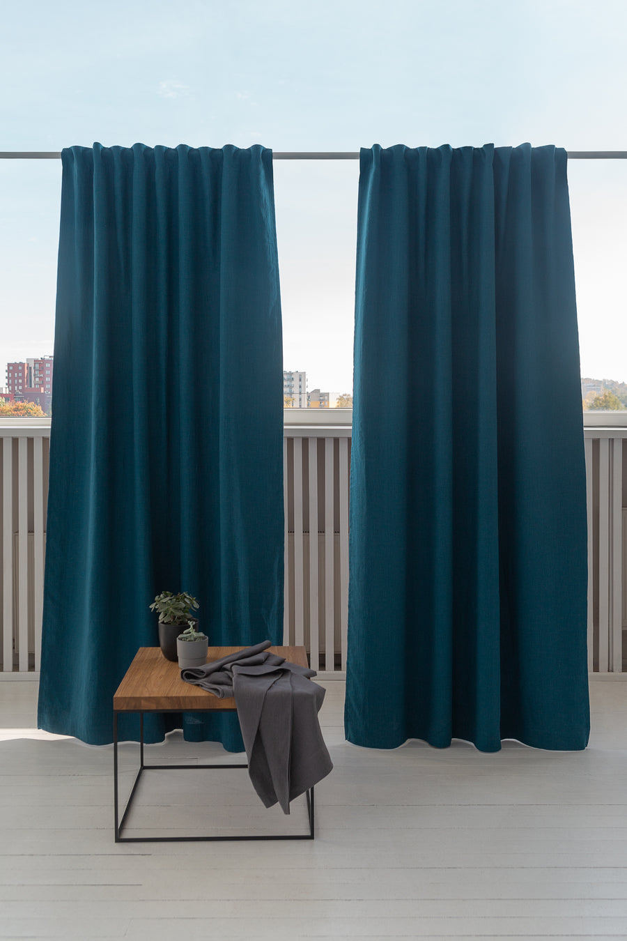 Dark Sea Blue linen curtain with blackout, tape - Linen Couture Boutique