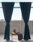 Dark Sea Blue linen curtain with blackout, tape - Linen Couture Boutique