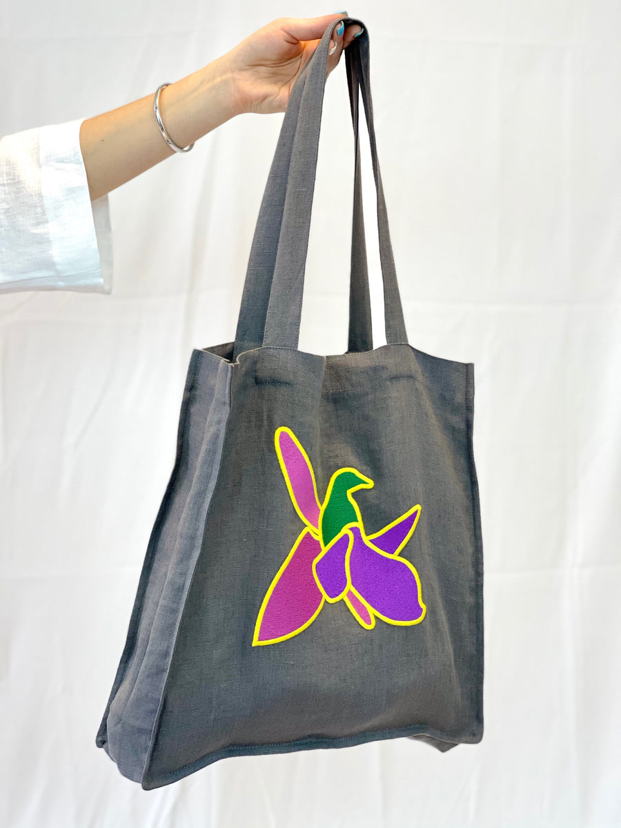 Grey Linen tote bag with embroidery - Linen Couture Boutique